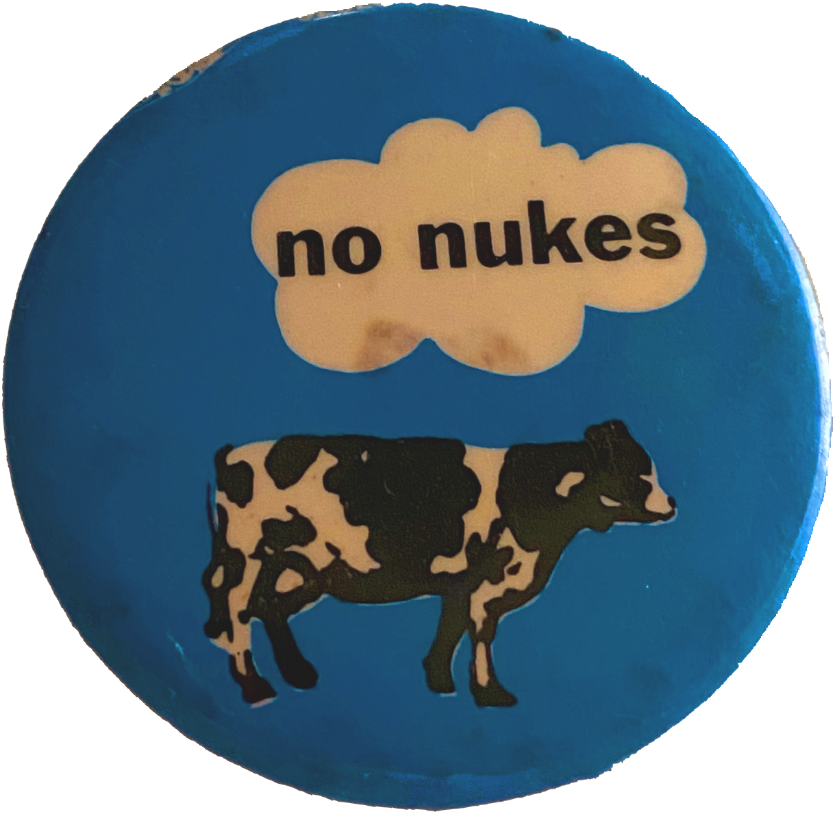 A blue pinback button with a cow on it reading: No nukes