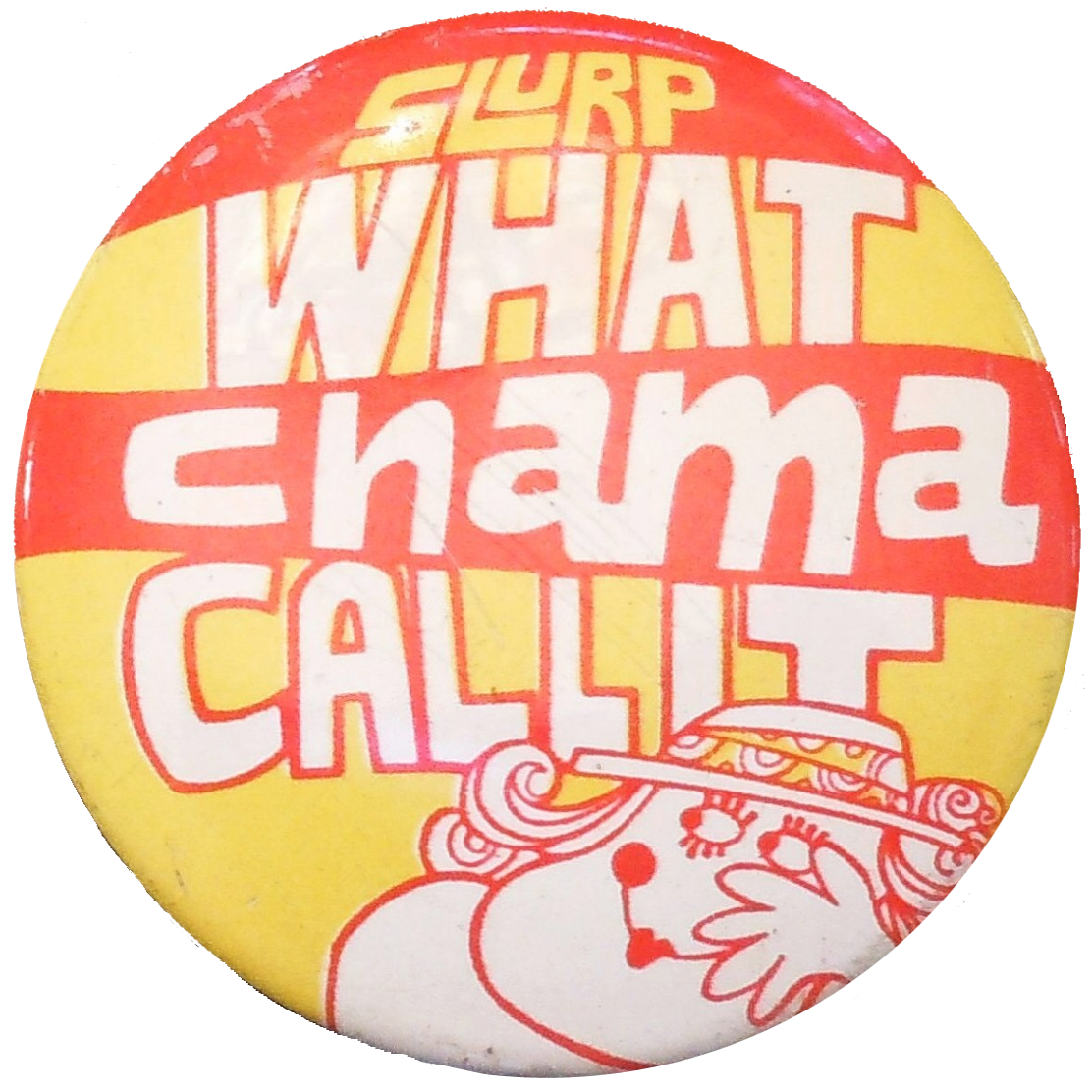 A yellow and red pinback button reading: Super whatchamacallit.