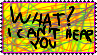 A multicolored text with distorted text that reads: What? Sorry, I can't hear you.