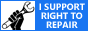 A blue button with a hand holding a wrench and black text reading: I support right to repair